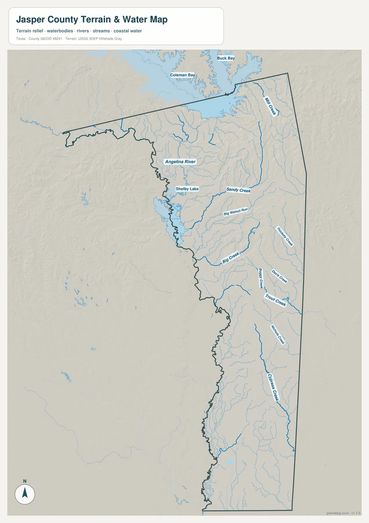 Jasper County terrain and water map showing the Angelina River, Shelby Lake, and named creeks