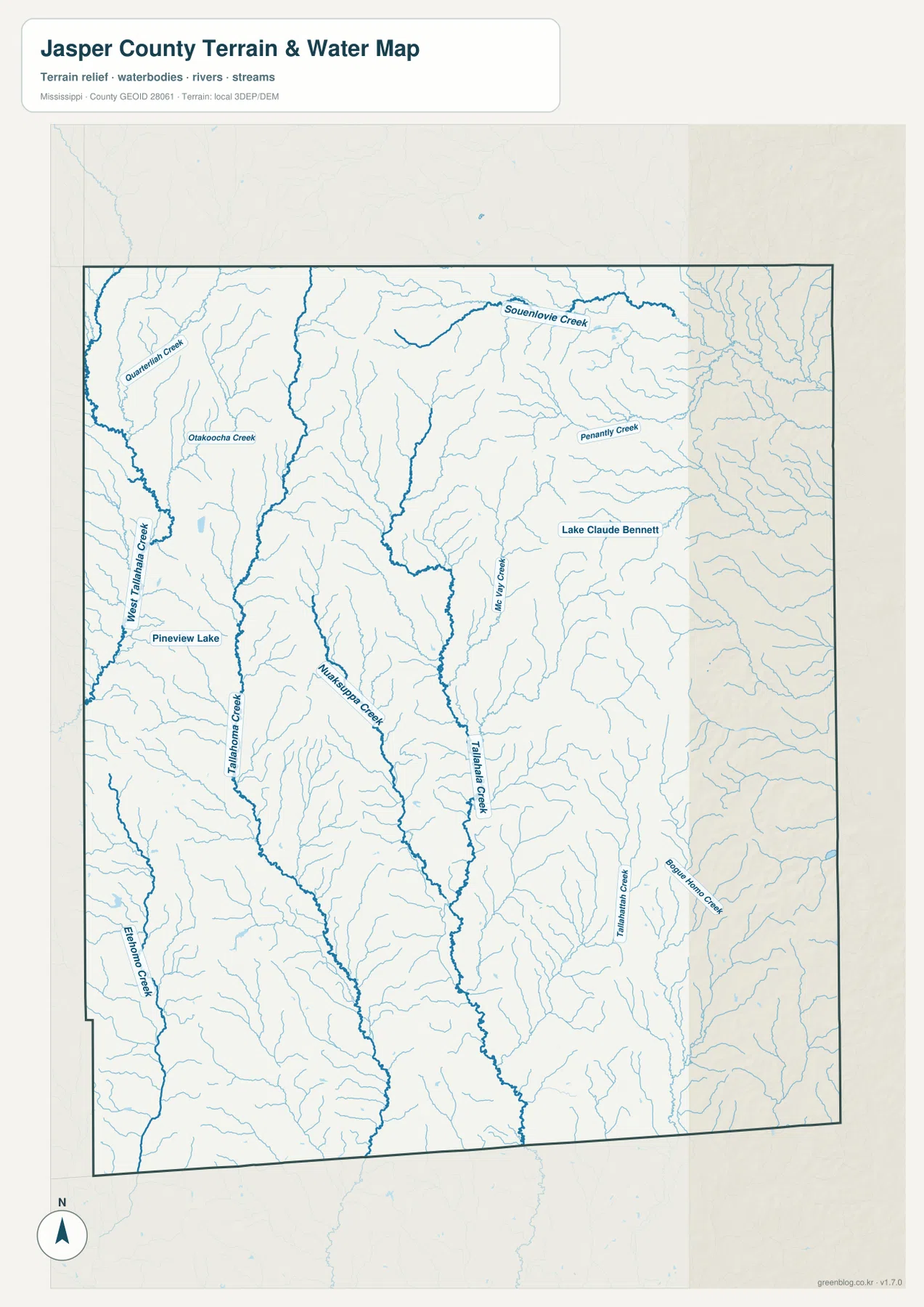 Jasper County Mississippi water map showing Tallahala Creek, West Tallahala Creek, Souenlovie Creek, and lakes