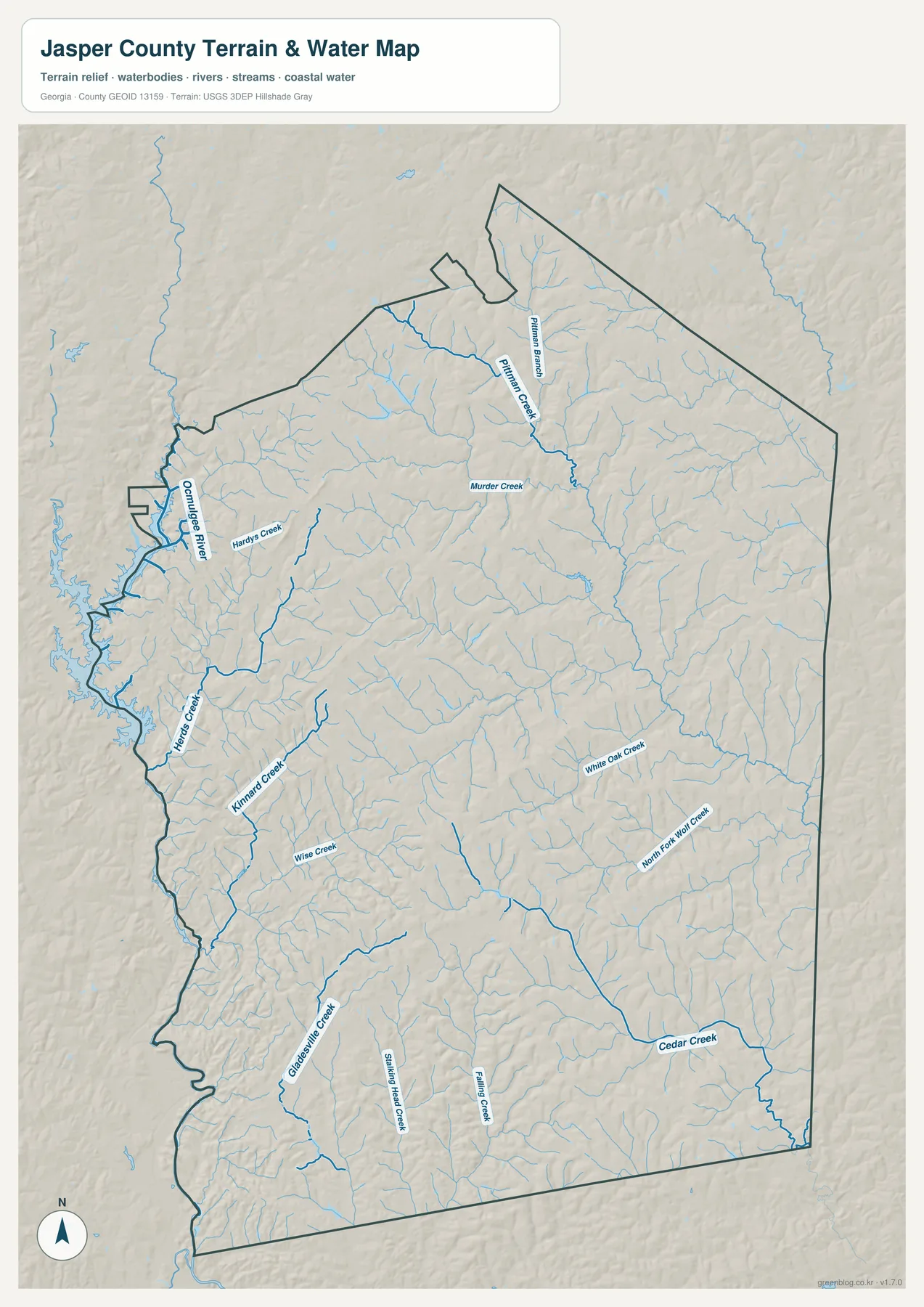 재스퍼 카운티 수역 지도에 표시된 Ocmulgee River, Hardys Creek, Kinard Creek, Wise Creek, Murder Creek, Pittman Creek, White Oak Creek, Cedar Creek