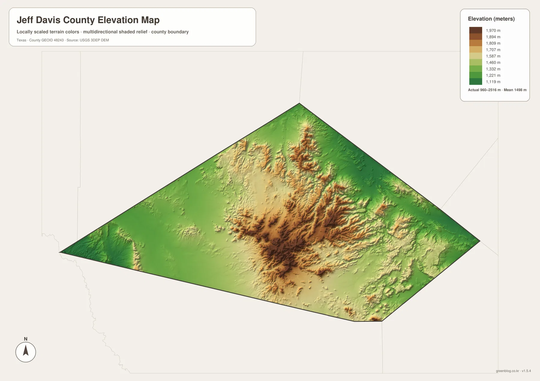 Jeff Davis County elevation map showing the Davis Mountains and lower western terrain
