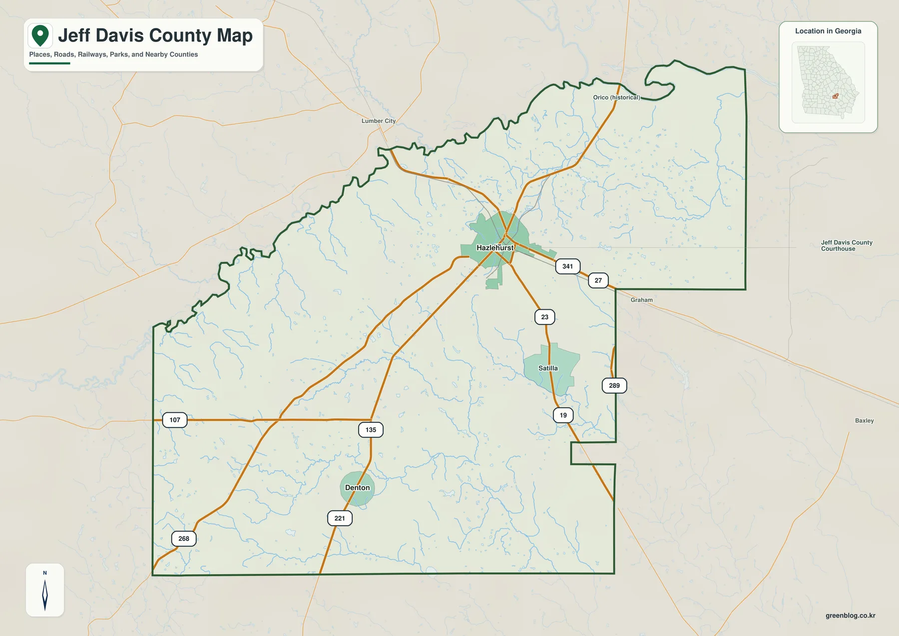 조지아주 제프 데이비스 카운티 지도에 표시된 Hazlehurst, Denton, Satilla, Graham과 주요 도로