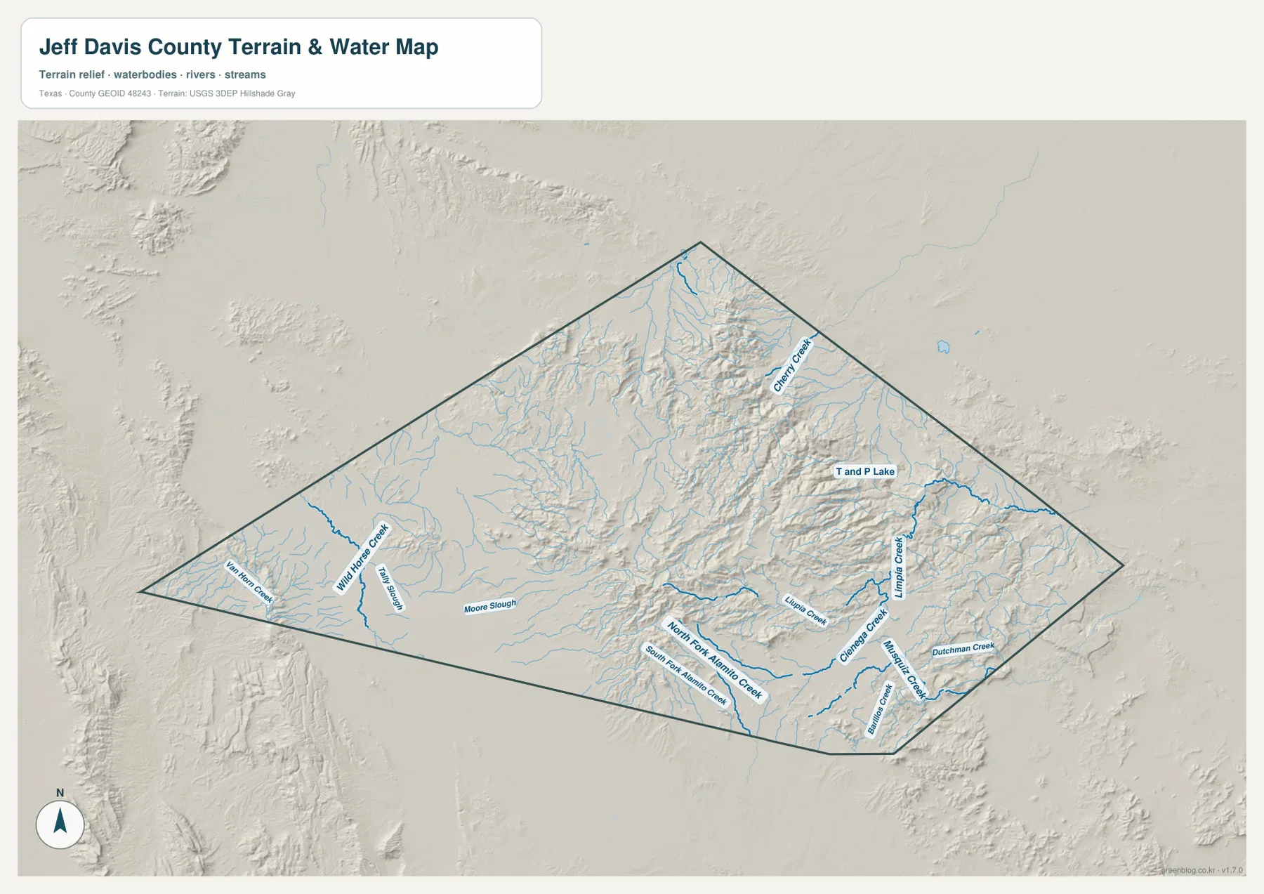 Jeff Davis County terrain and water map showing Limpia Creek and named drainages