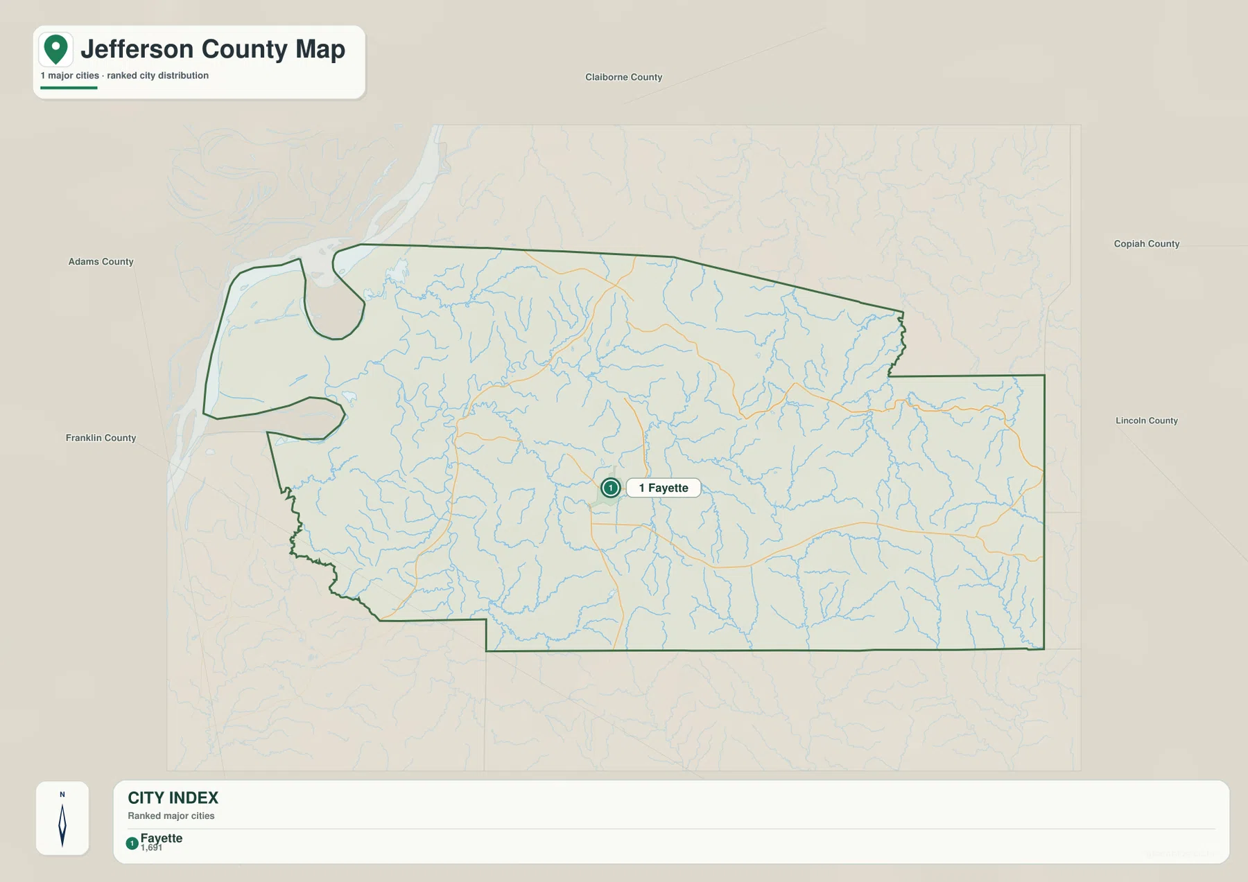 Jefferson County Mississippi city map highlighting Fayette as the single major city