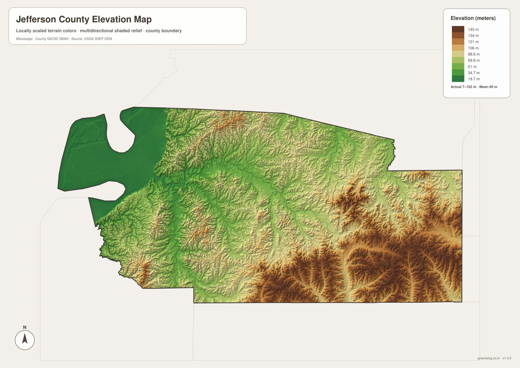 Jefferson County Mississippi elevation map showing about 7 to 162 meters and lower western terrain with higher eastern uplands