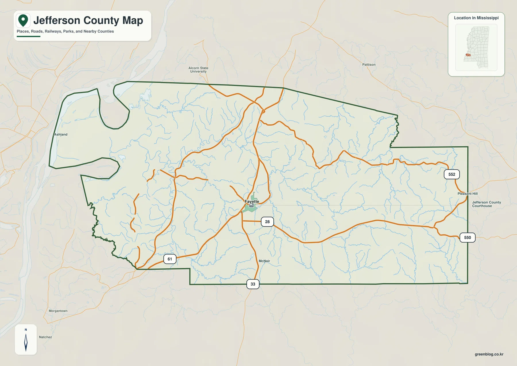 Jefferson County Mississippi map showing Fayette, US 61, MS 28, MS 33, MS 550, MS 552, and the county boundary