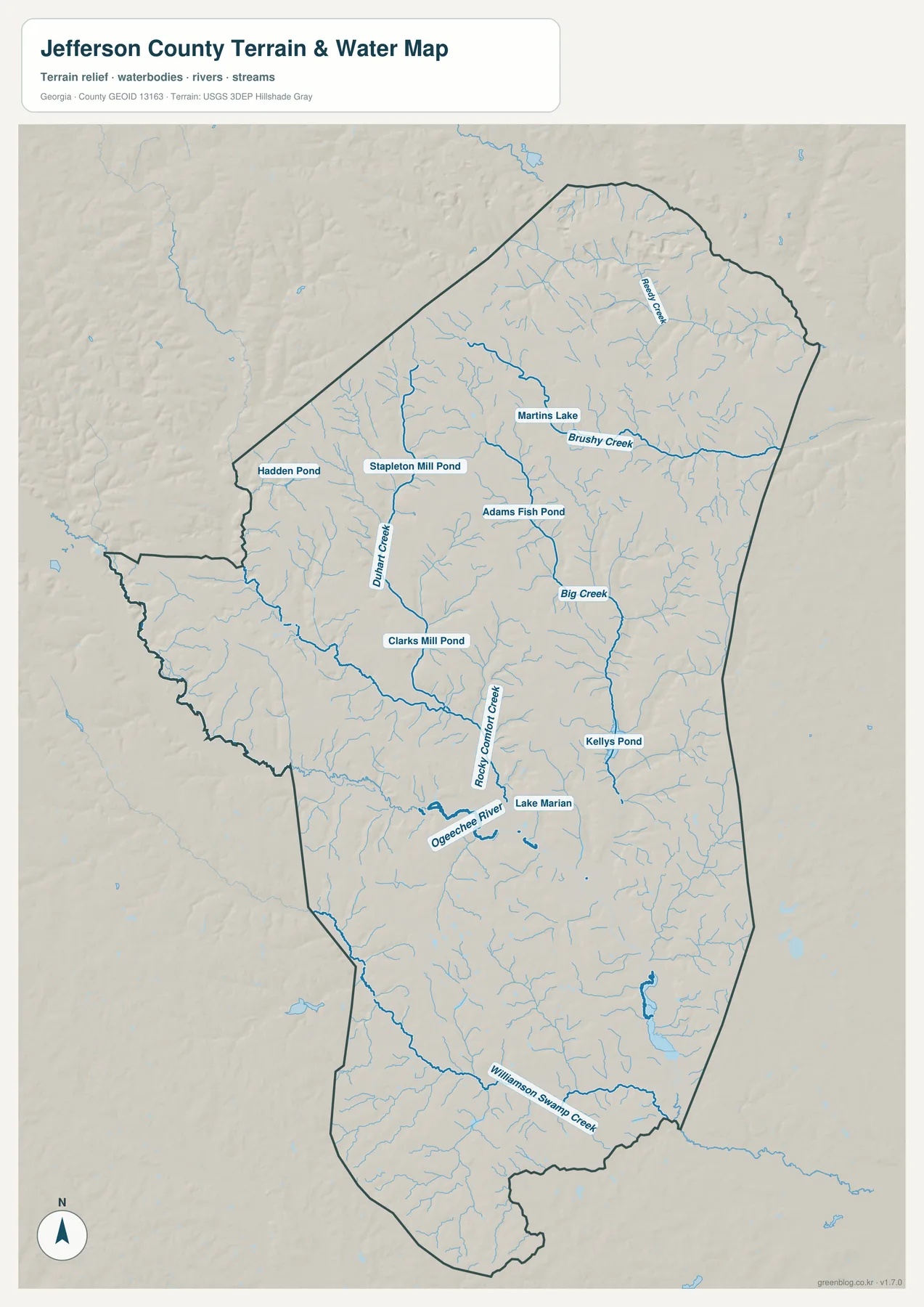 제퍼슨 카운티 수역 지도에 표시된 Ogeechee River, Rocky Comfort Creek, Big Creek, Brushy Creek과 여러 연못