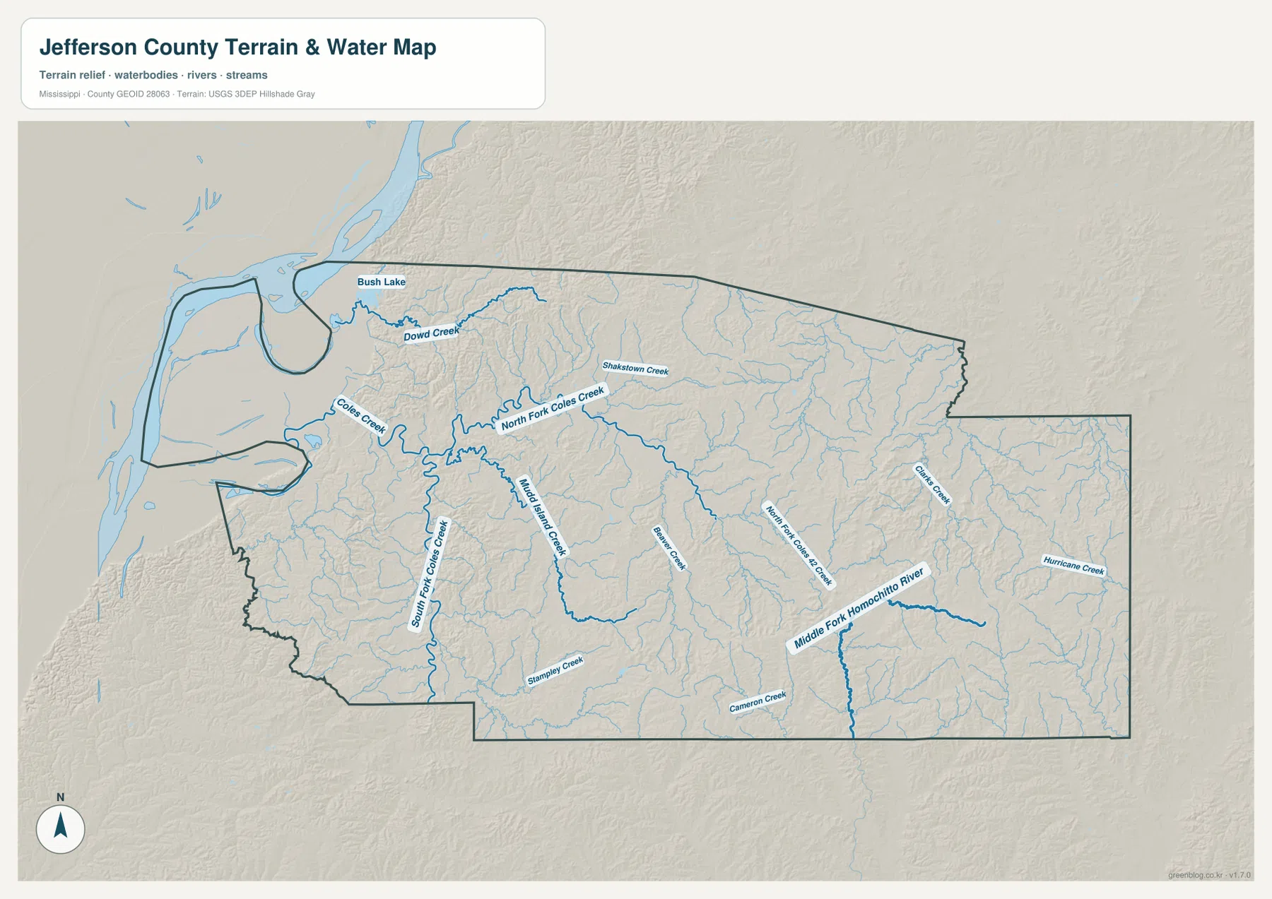 Jefferson County Mississippi water map showing Bush Lake, Coles Creek, North Fork Coles Creek, and Middle Fork Homochitto River