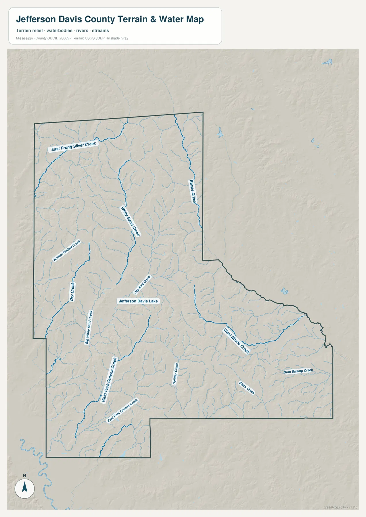제퍼슨데이비스 카운티 수역 지도에서 White Sand Creek, Bowie Creek, Jefferson Davis Lake