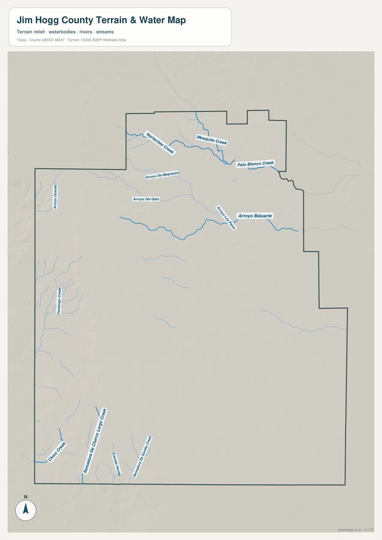 짐호그 카운티 수역 지도에 표시된 Mesquite Creek, Palo Blanco Creek, Arroyo del Gato와 Arroyo Baluarte