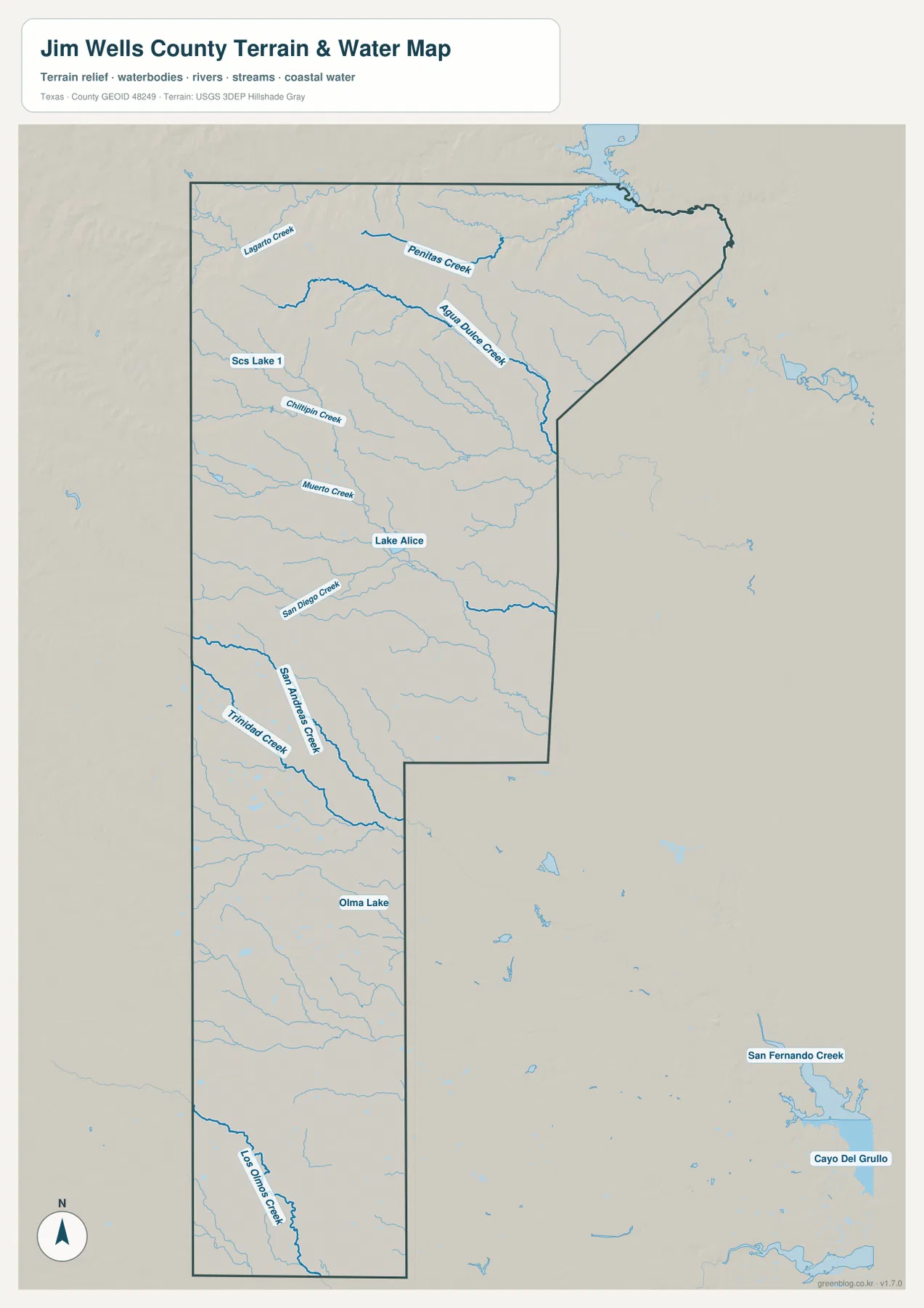 짐웰스 카운티 수역 지도에 표시된 Agua Dulce Creek, Lake Alice, San Diego Creek, San Andreas Creek와 Los Olmos Creek