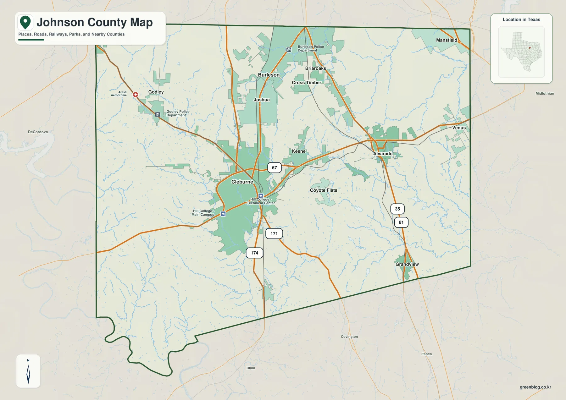 텍사스주 존슨 카운티 지도에 표시된 Cleburne, Burleson, Joshua, Alvarado와 주요 도로