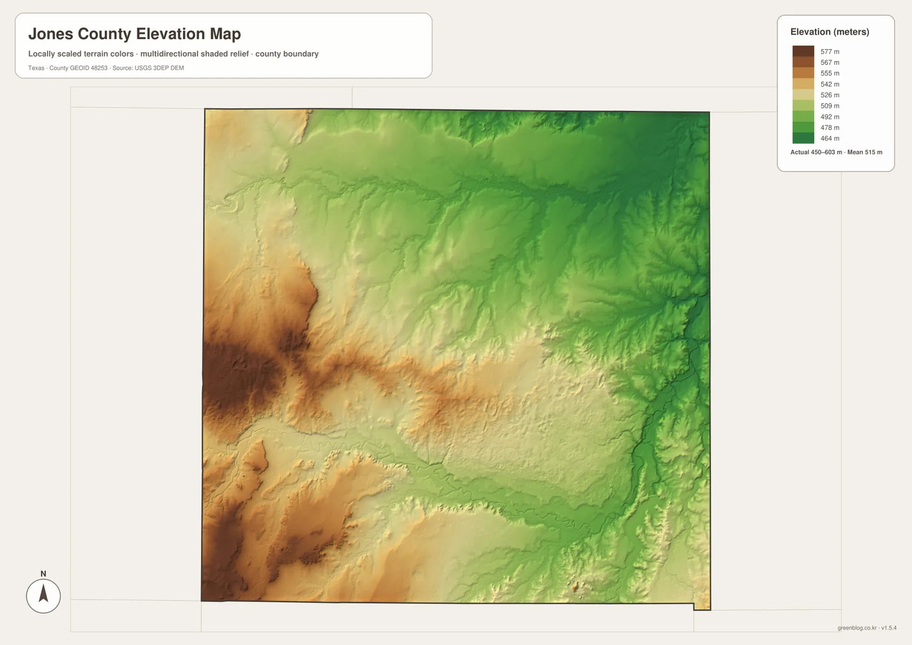 Jones County elevation map showing western high ground, eastern lower terrain, and an actual range of about 450 to 603 meters