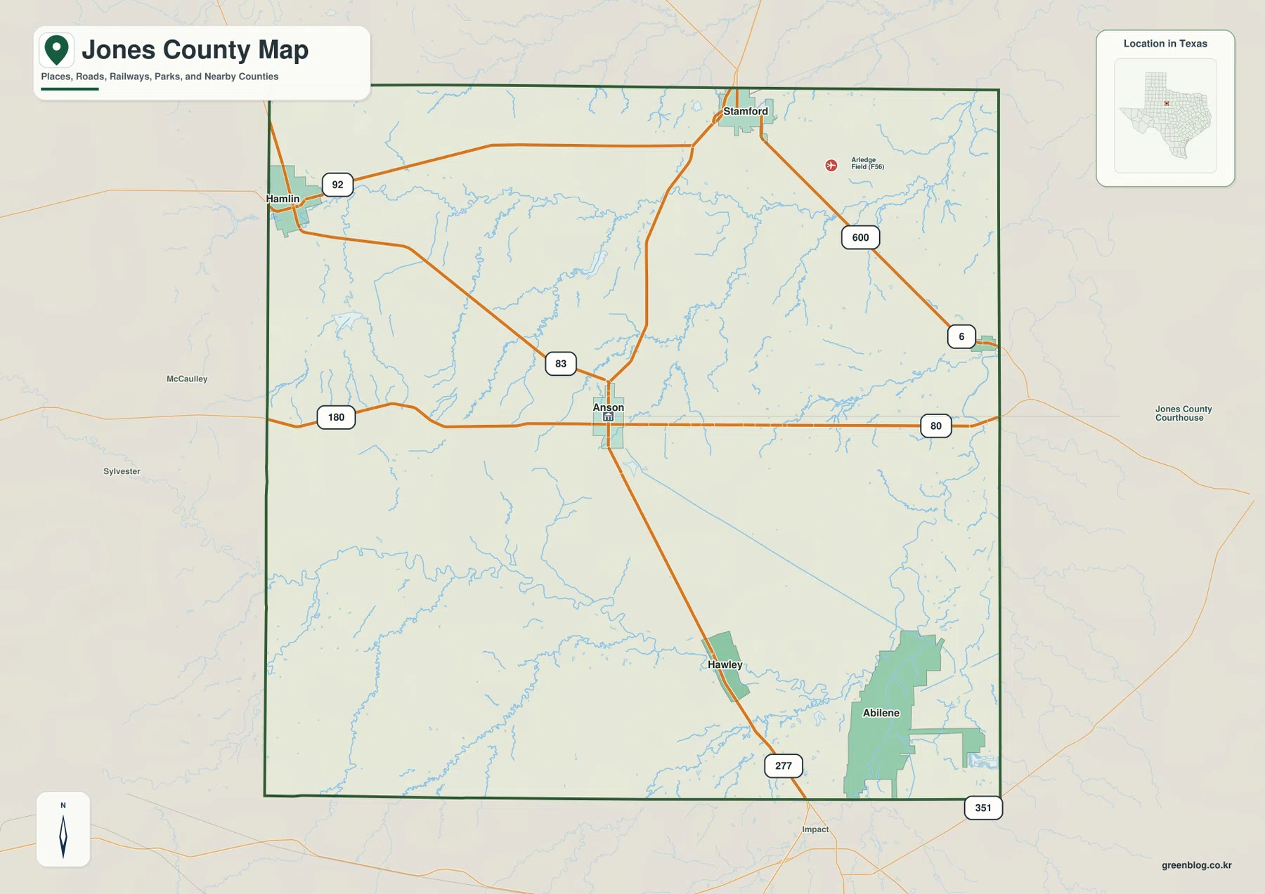 Jones County Texas map showing Anson, Hamlin, Stamford, Hawley and U.S. 180, U.S. 83 and U.S. 277
