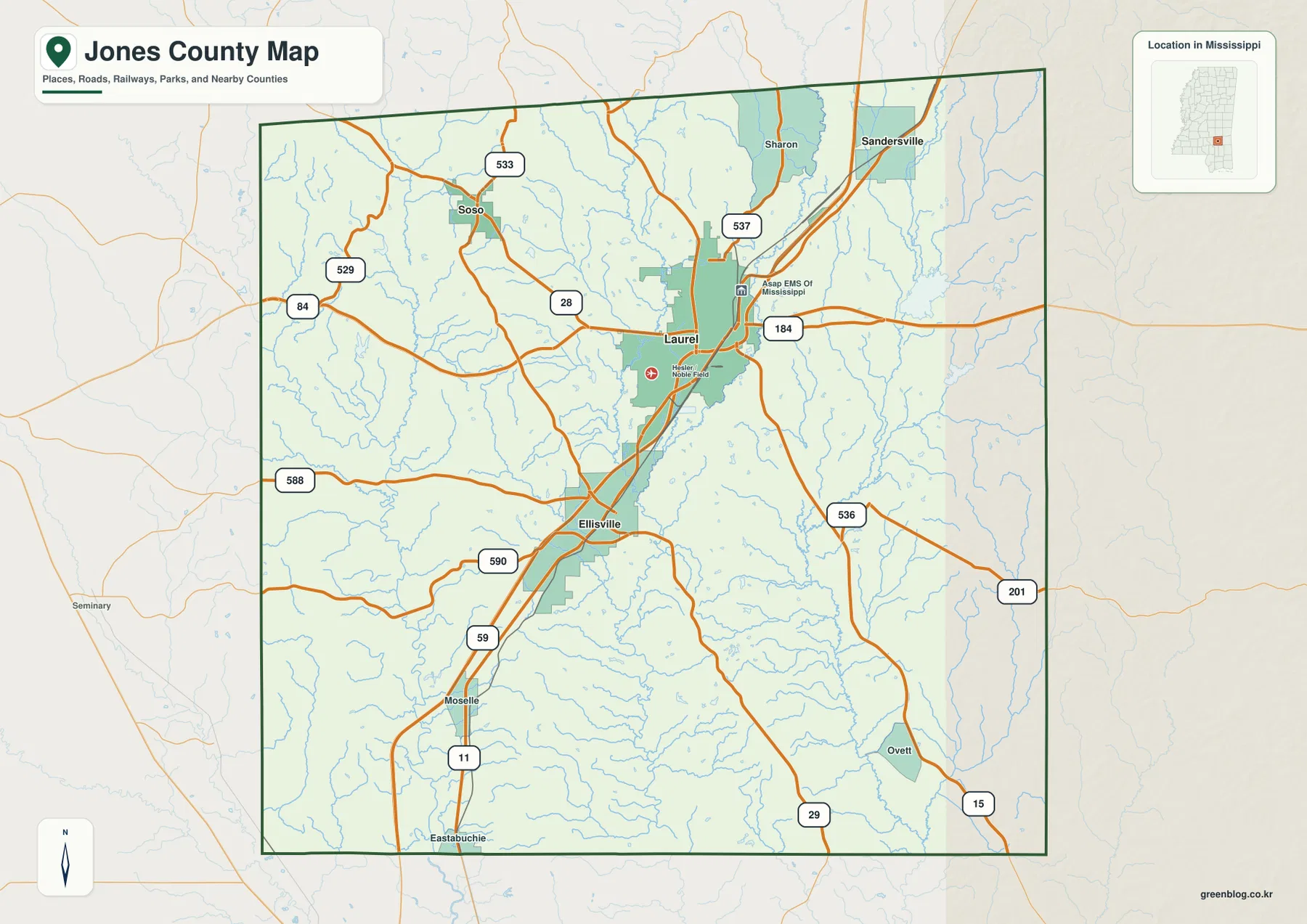 미시시피주 존스 카운티 지도에서 Laurel, Ellisville, Soso, Sandersville과 주요 도로를 보여 주는 지도