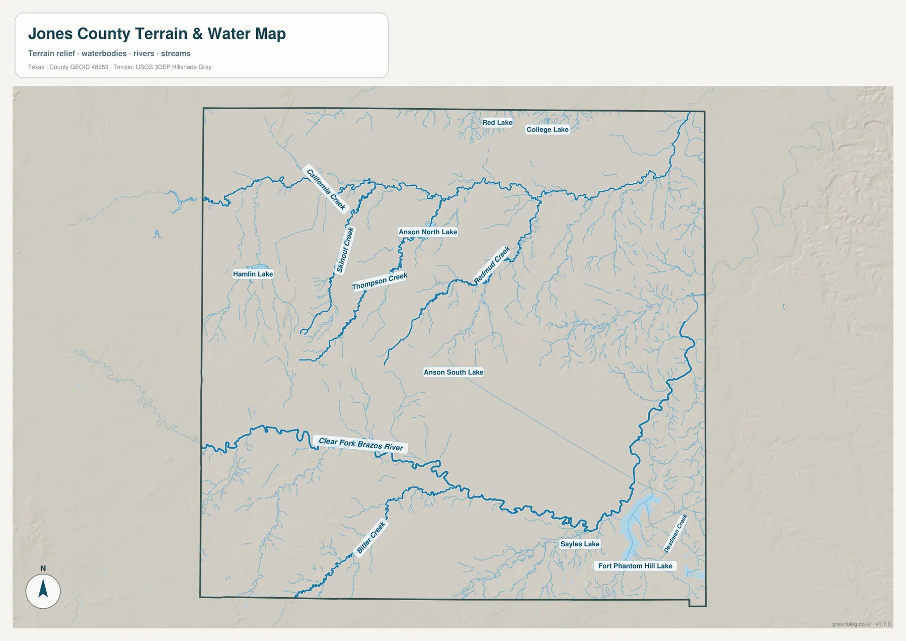 Jones County terrain and water map showing Clear Fork Brazos River, Hamlin Lake, Anson North Lake and Anson South Lake