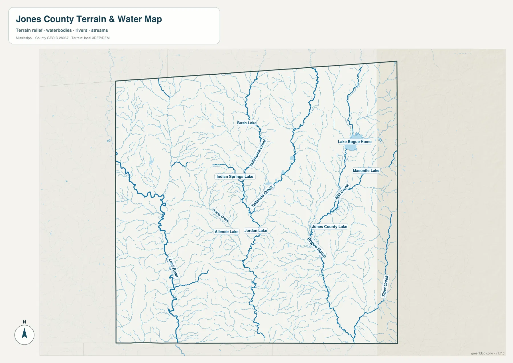 존스 카운티 수역 지도에서 Leaf River, Tallahoma Creek, Tallahala Creek, Bogue Homa와 여러 호수를 보여 주는 지도