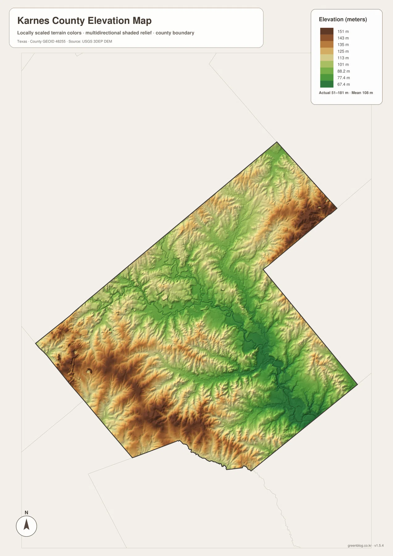 Karnes County elevation map showing a local range of about 51 to 181 meters, lower valleys, and higher ridges
