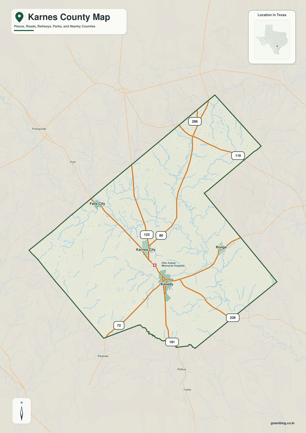 Karnes County Texas map showing Karnes City and selected communities