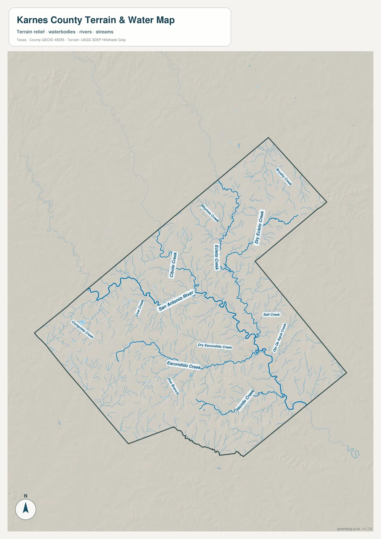 Karnes County water map showing the San Antonio River, Ecleto Creek, Dry Ecleto Creek, Escondido Creek, and tributaries