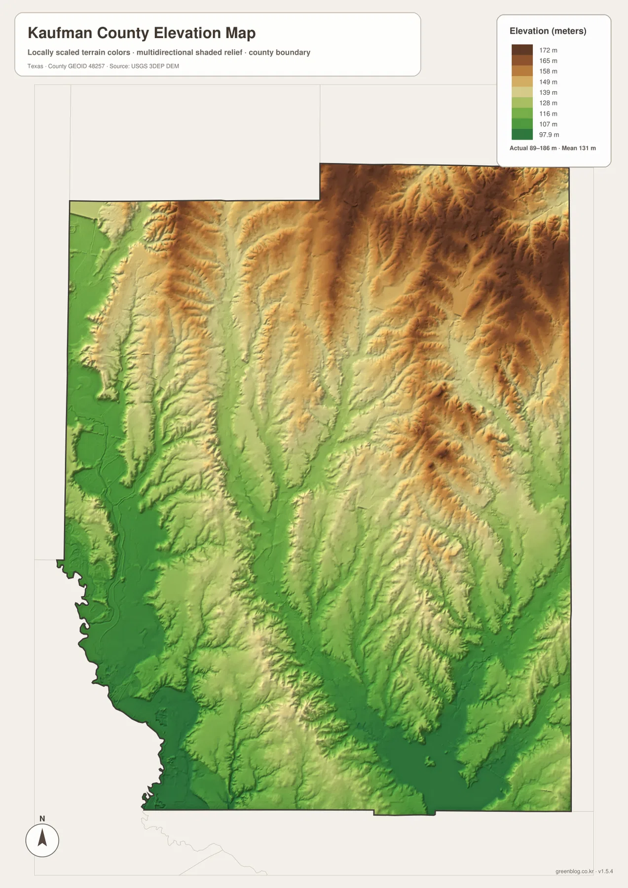 Kaufman County elevation map showing a local range of about 89 to 186 meters, northern ridges and lower western valleys