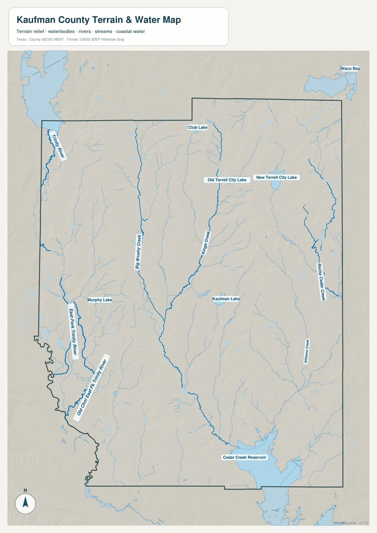 Kaufman County water map showing East Fork Trinity River, Big Brushy Creek, Kings Creek, Rocky Cedar Creek and Cedar Creek Reservoir