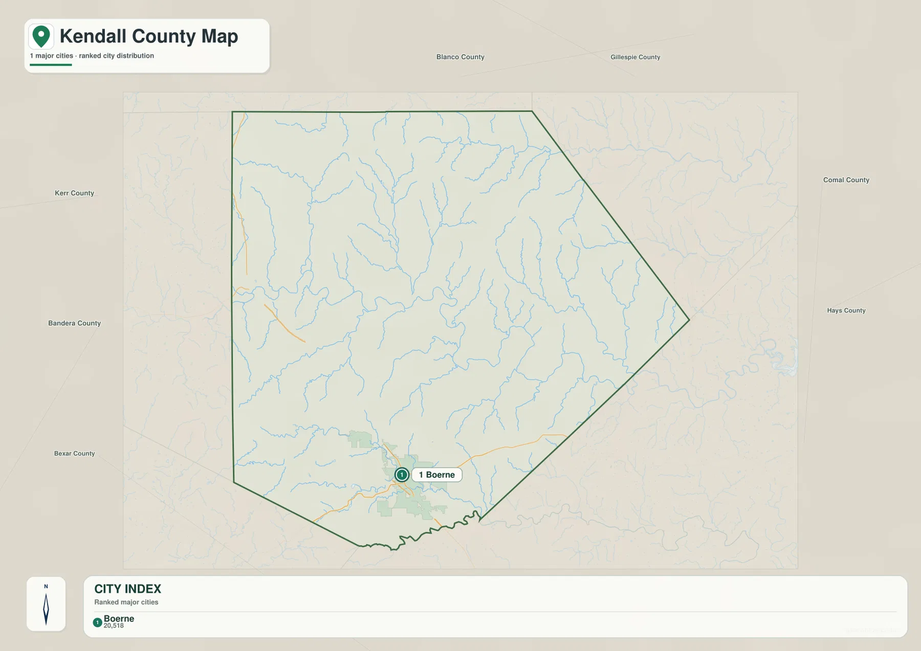 Kendall County city map highlighting Boerne and surrounding Texas counties