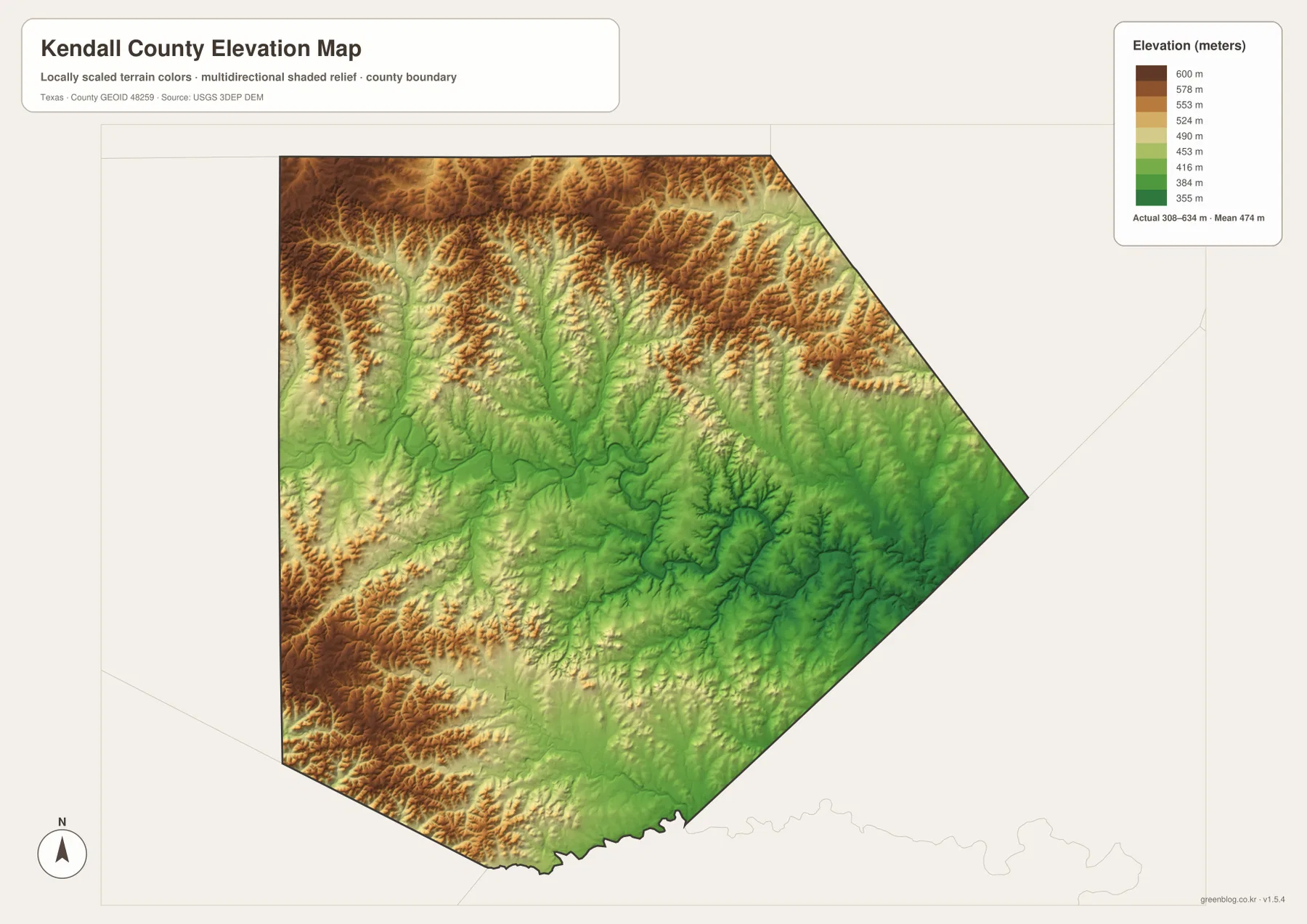 Kendall County elevation map showing terrain from about 308 to 634 meters