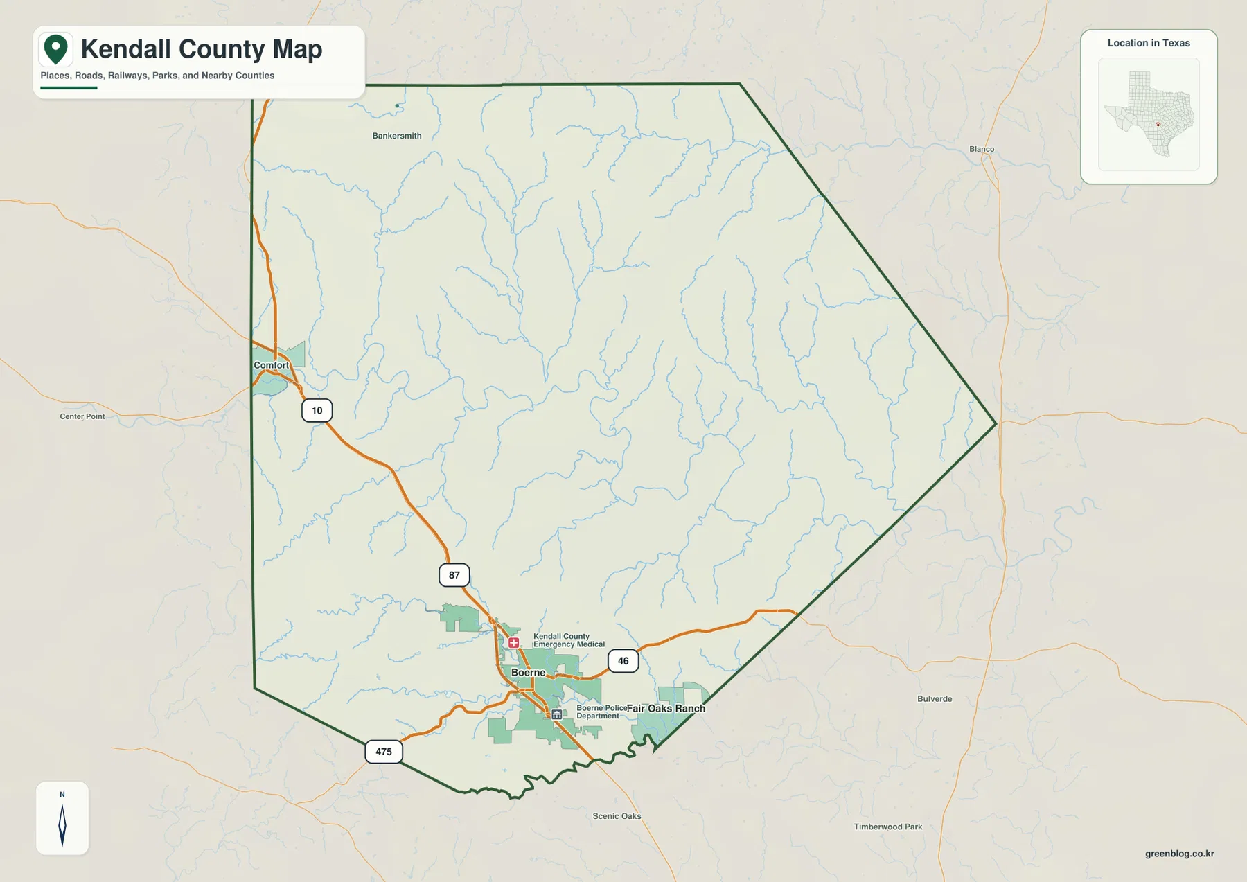 Kendall County Texas map showing Boerne, Comfort, Fair Oaks Ranch and major roads