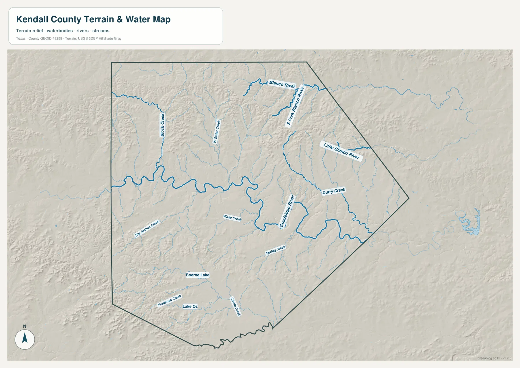 Kendall County terrain and water map with the Guadalupe River, Blanco River, creeks and lakes