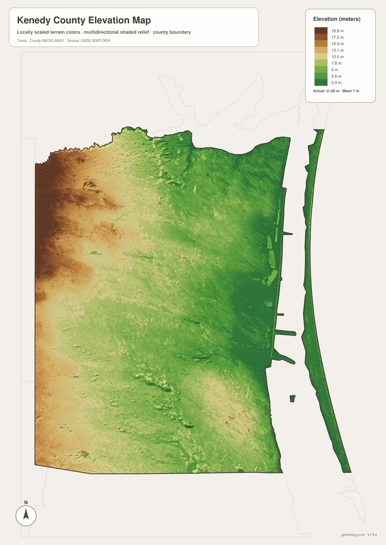 Kenedy County elevation map showing approximately -2 to 28 meters of low coastal terrain