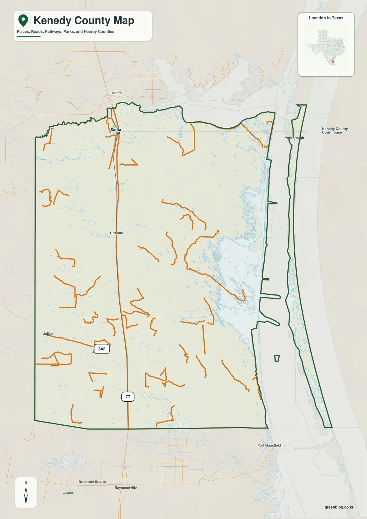 Kenedy County map showing Sarita, U.S. 77, Route 642, local roads, and the long coastal boundary