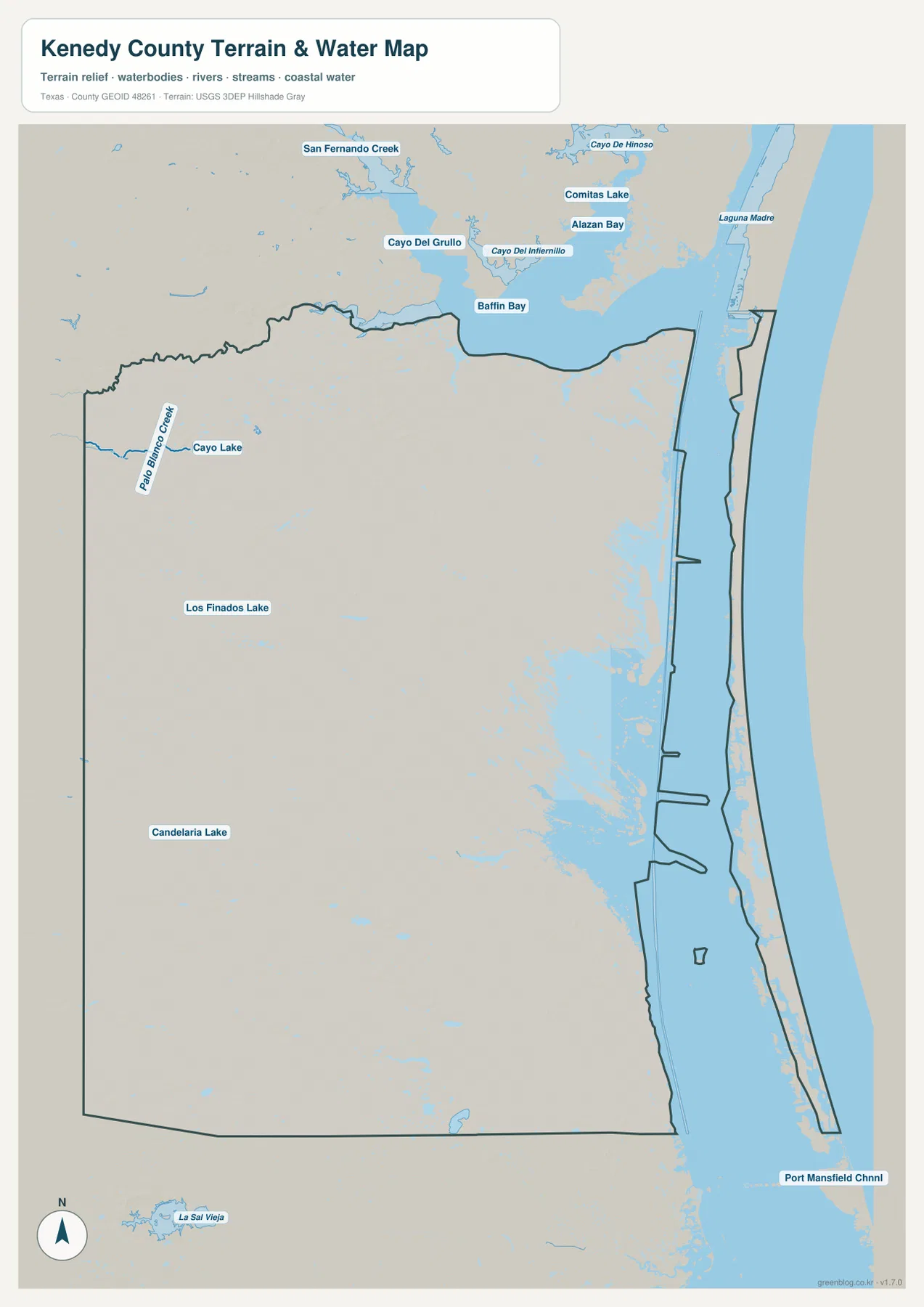 Kenedy County water map showing Baffin Bay, Laguna Madre, Palo Blanco Creek, Cayo Lake, and inland lakes