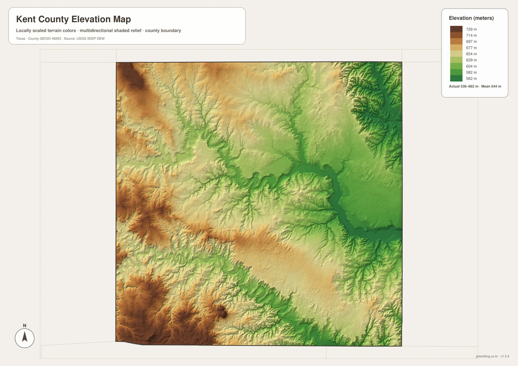 Kent County Texas elevation map with an actual range of about 536 to 862 meters and mean elevation of 644 meters