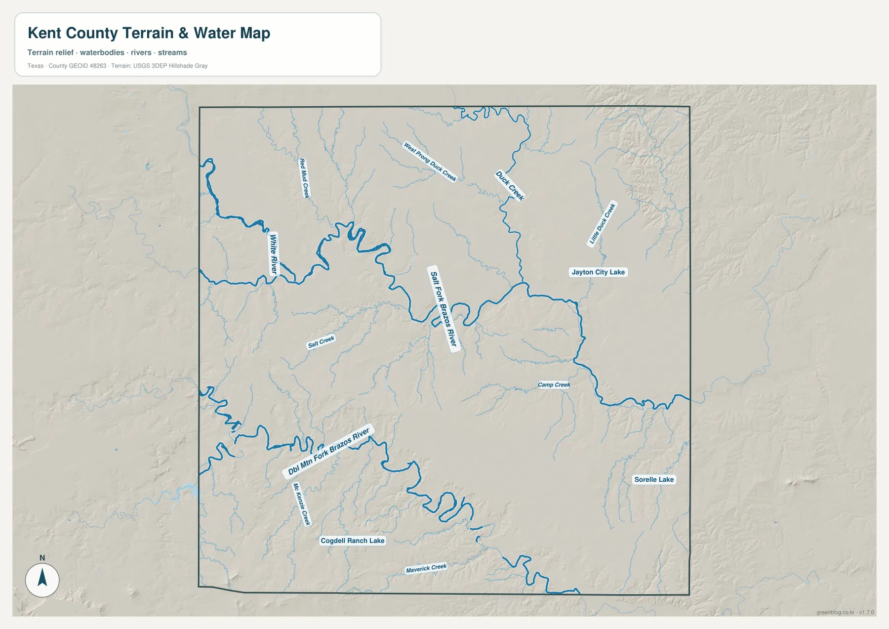 Kent County water map showing White River, Salt Fork Brazos River and Double Mountain Fork Brazos River