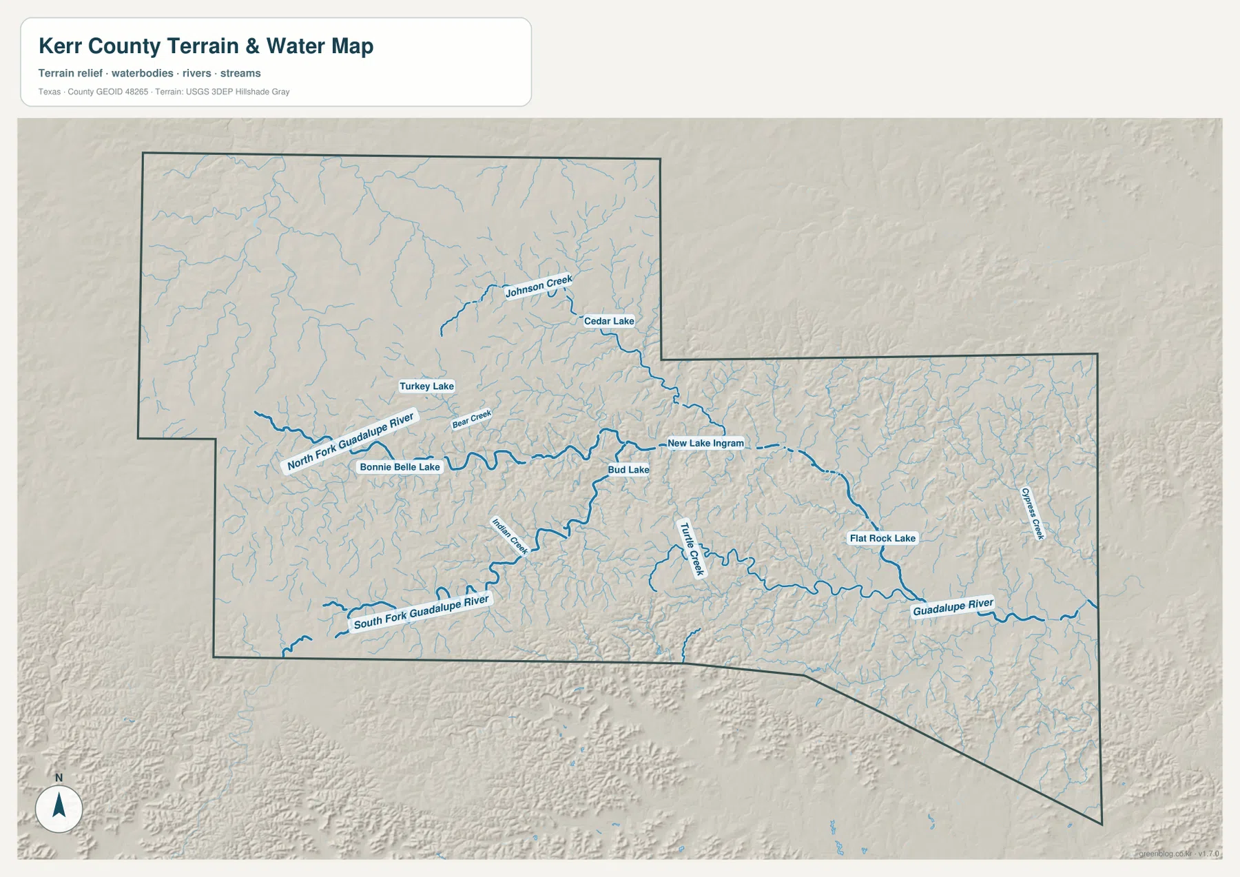 Guadalupe River, North Fork와 South Fork Guadalupe River 및 여러 크리크와 호수가 표시된 커 카운티 수역 지도