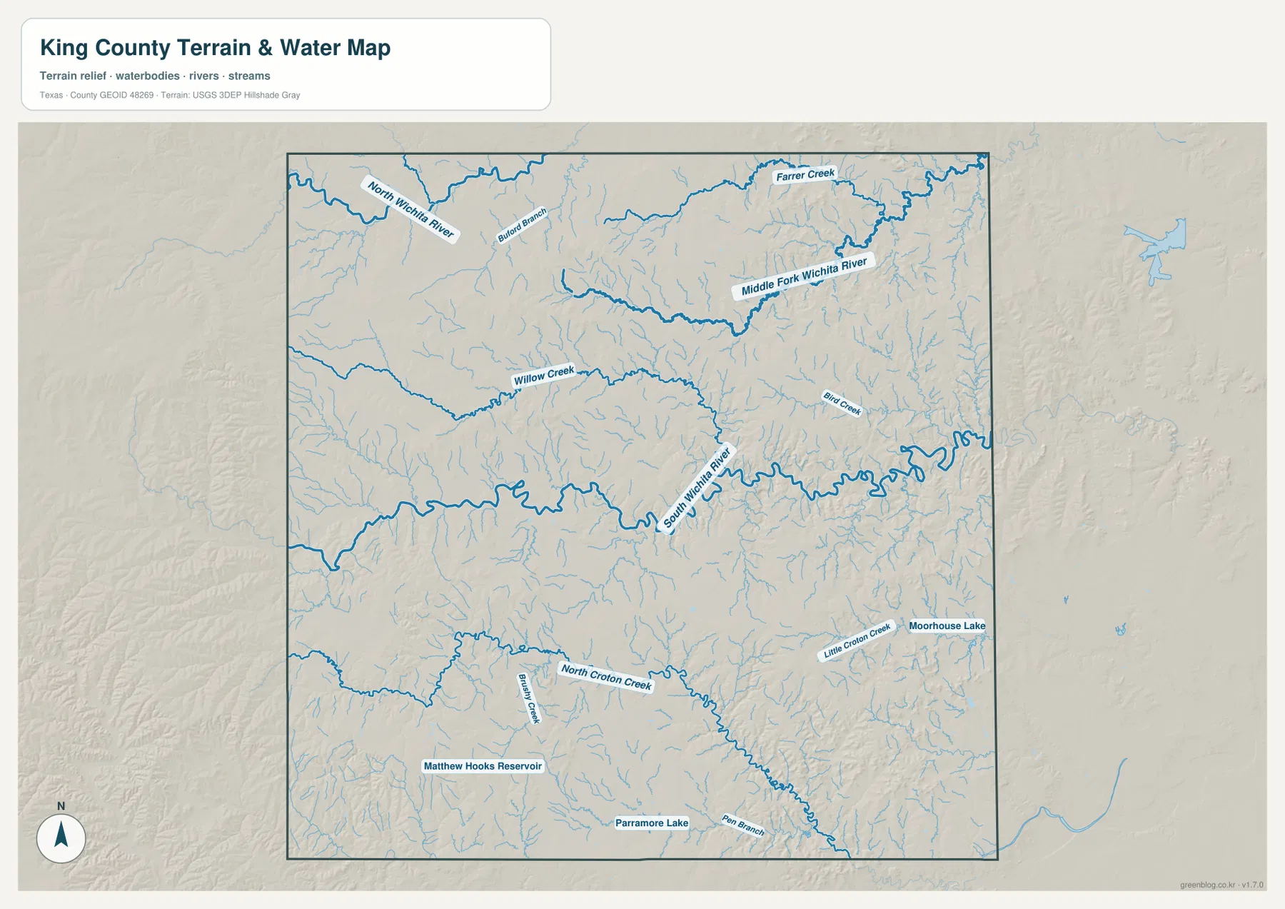 North Wichita River, Middle Fork Wichita River, South Wichita River와 여러 지류를 표시한 킹 카운티 수역 지도