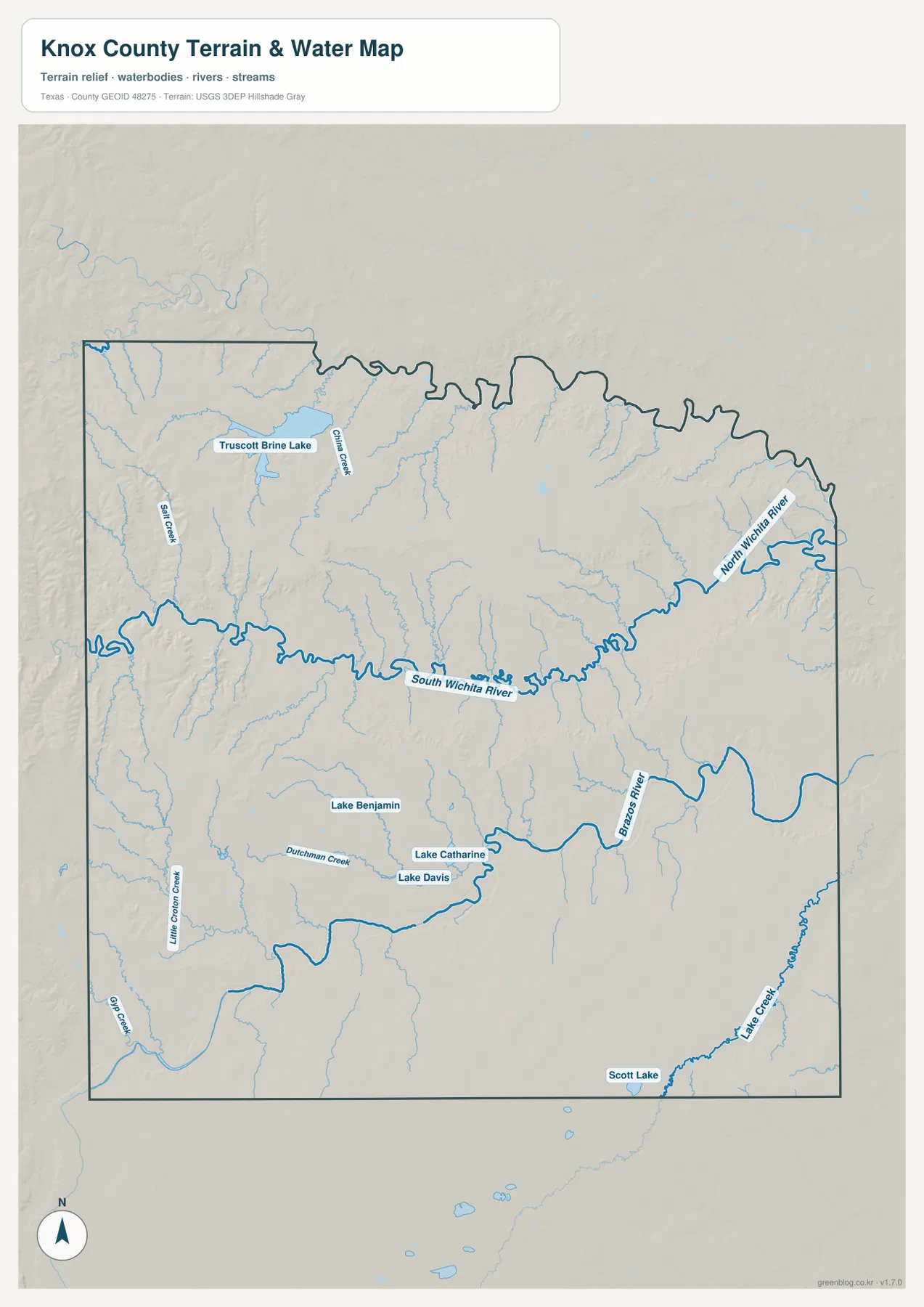 South Wichita River, North Wichita River, Brazos River와 여러 호수가 표시된 녹스 카운티 수역 지도