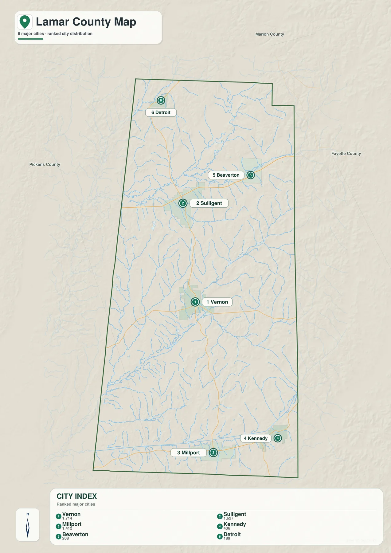 Vernon, Sulligent, Millport, Kennedy, Beaverton, Detroit를 표시한 Lamar County 도시 지도