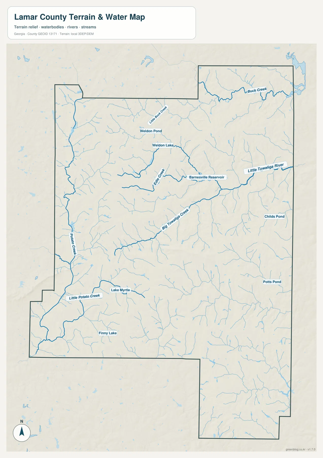 라마 카운티 수역 지도에 표시된 Barnesville Reservoir, Little Towaliga River, Buck Creek와 여러 호수