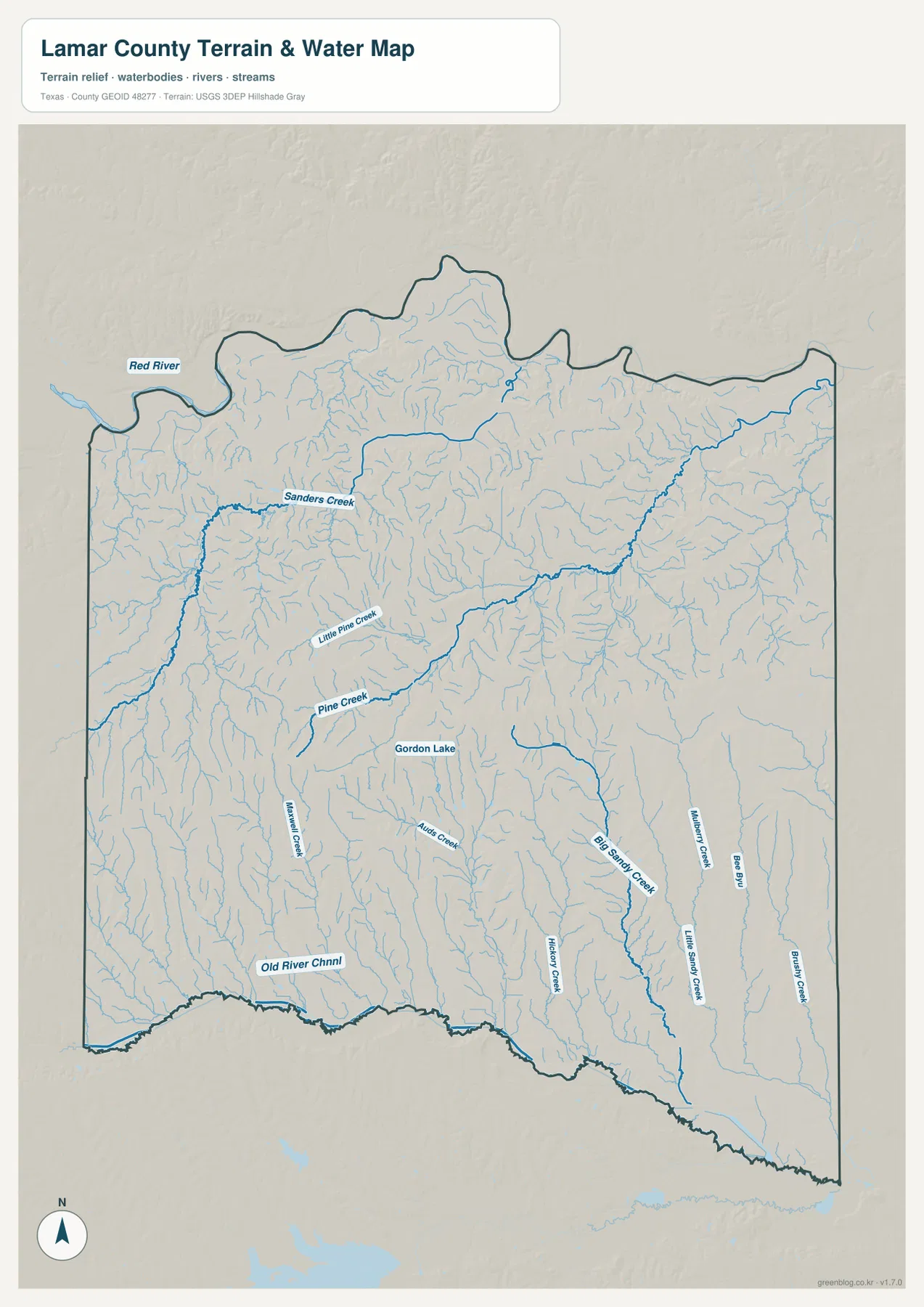 Red River, Sanders Creek, Pine Creek, Big Sanders Creek와 Gordon Lake가 표시된 라마 카운티 수역 지도
