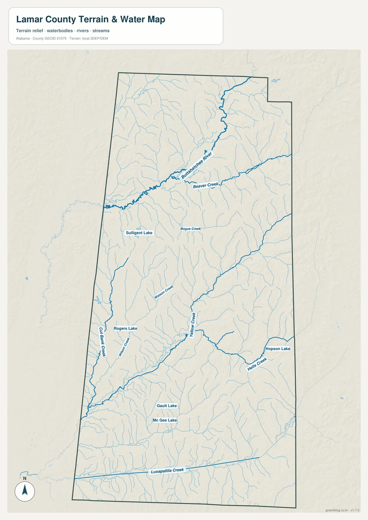 Buttahatchee River, Luxapallila Creek와 여러 지류를 표시한 Lamar County 수역 지도