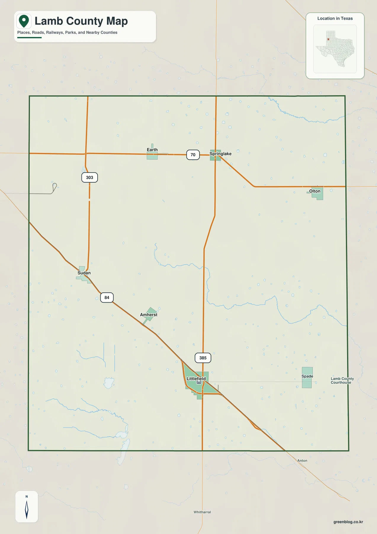 Littlefield, Olton, Sudan, Earth와 주요 도로 번호가 표시된 텍사스주 램 카운티 지도