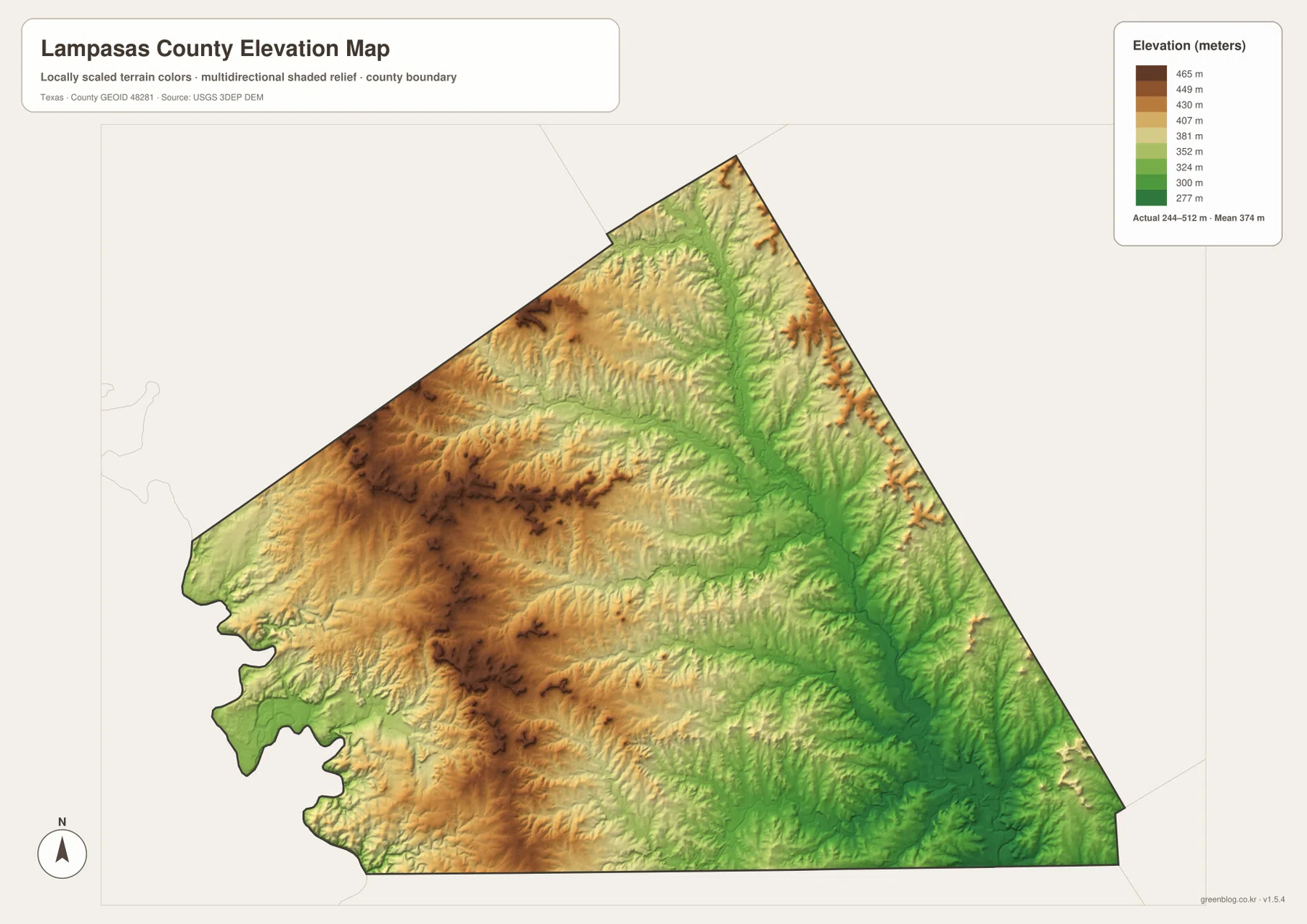 Lampasas County elevation map showing an actual range from about 244 to 512 meters and a mean of 374 meters