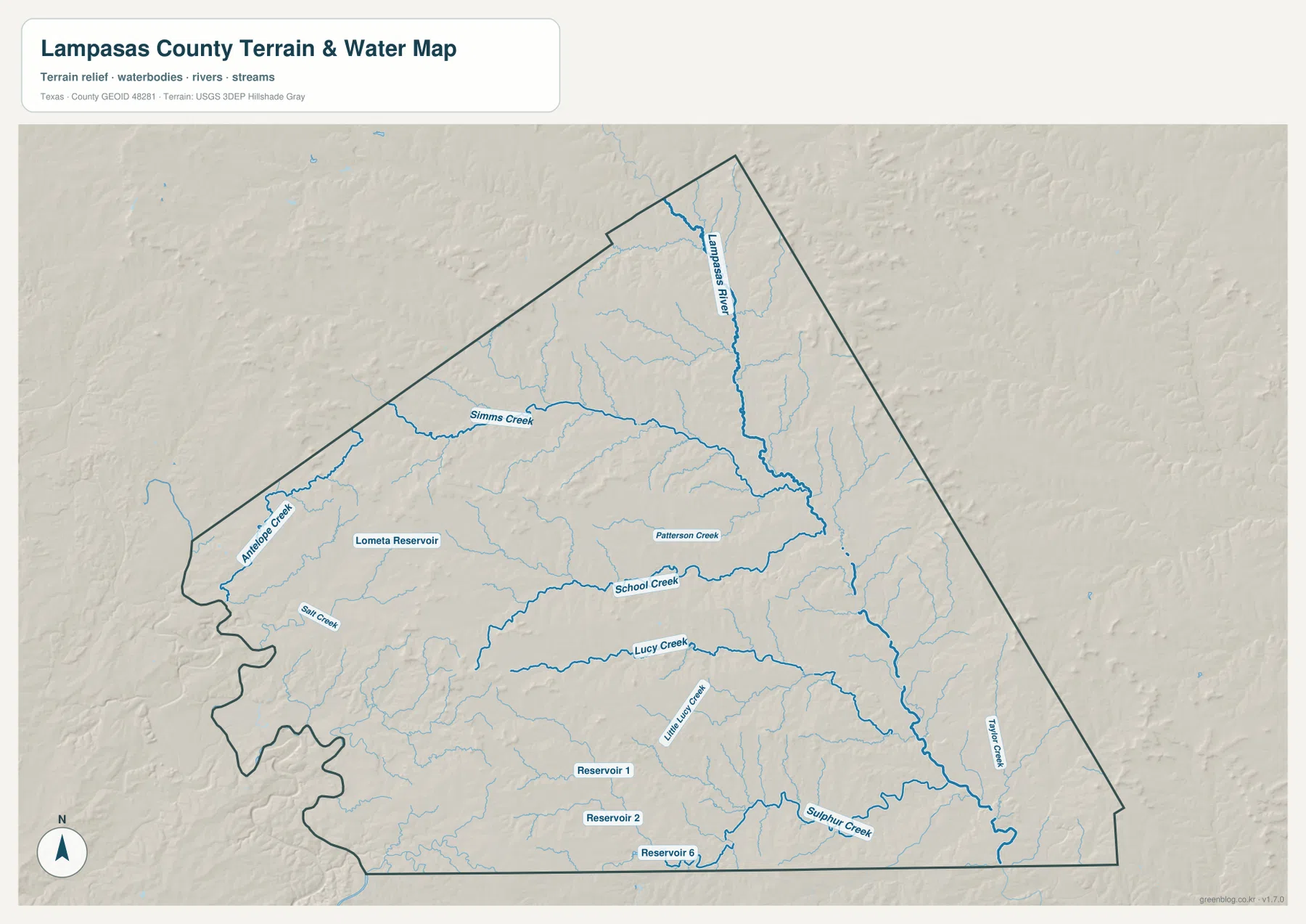 Lampasas County water map showing Lampasas River, Simms Creek, School Creek, Lucy Creek, Sulphur Creek, and Lometa Reservoir
