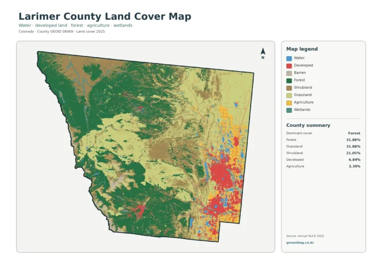 콜로라도주 라리머 카운티 토지 피복 지도(Larimer County) – 로키산맥 숲과 포트콜린스·러브랜드 개발지