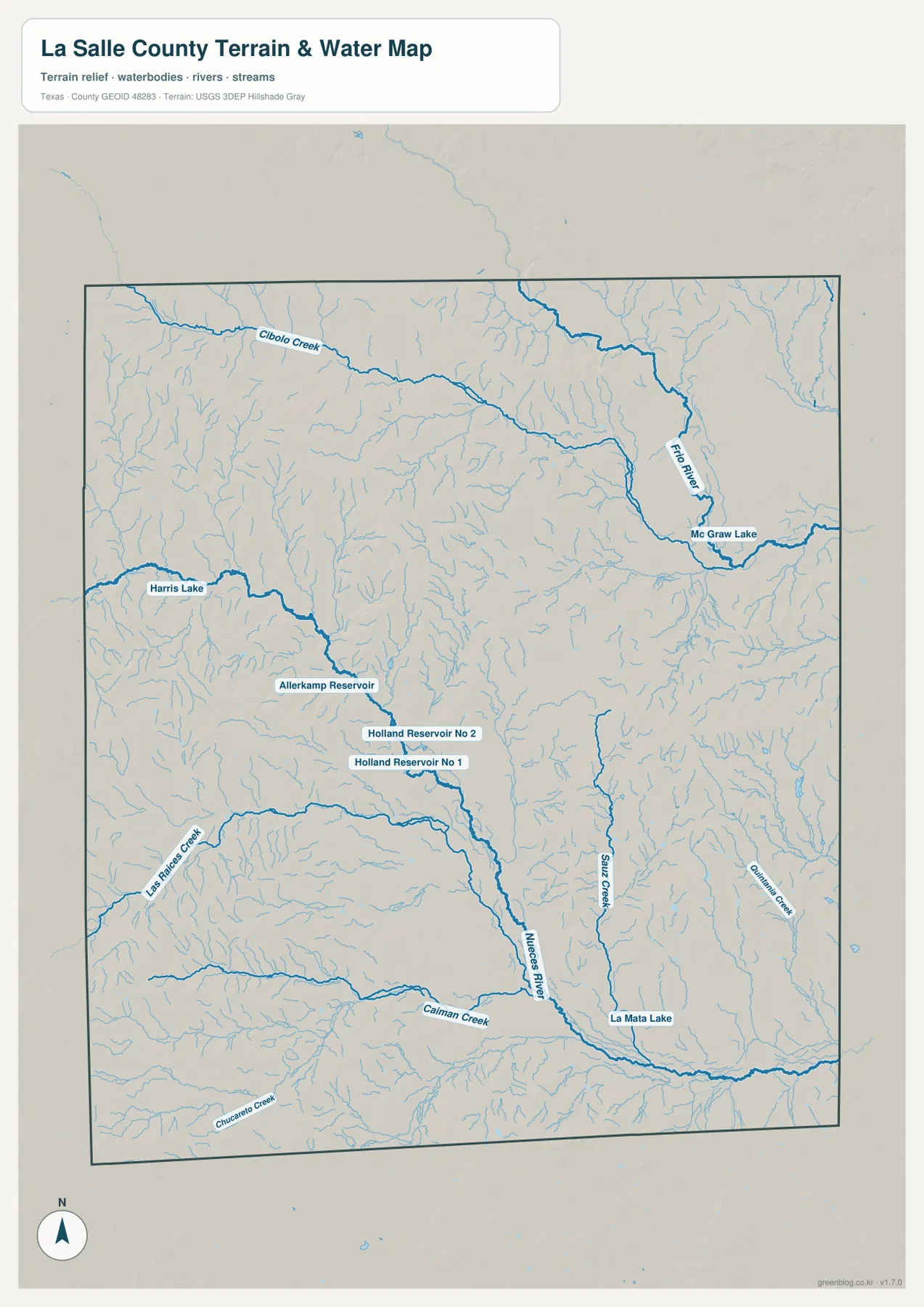 Nueces River, Frio River, Cibolo Creek과 여러 저수지가 표시된 라살 카운티 수역 지도