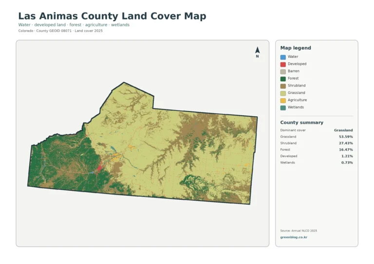 콜로라도주 라스 아니마스 카운티 토지 피복 지도(Las Animas County) – 초지 평원과 서부 산림