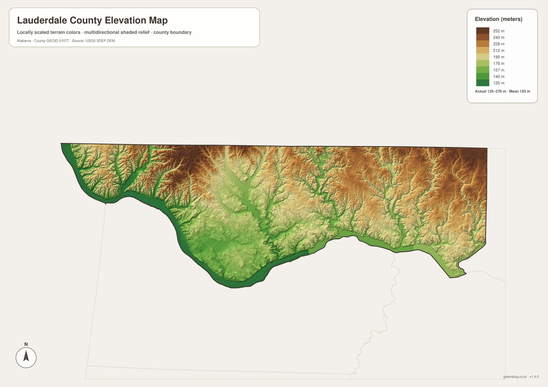 Lauderdale County 고도 지도에서 Tennessee River 저지대와 북부 구릉의 높이 차이를 나타낸 지도