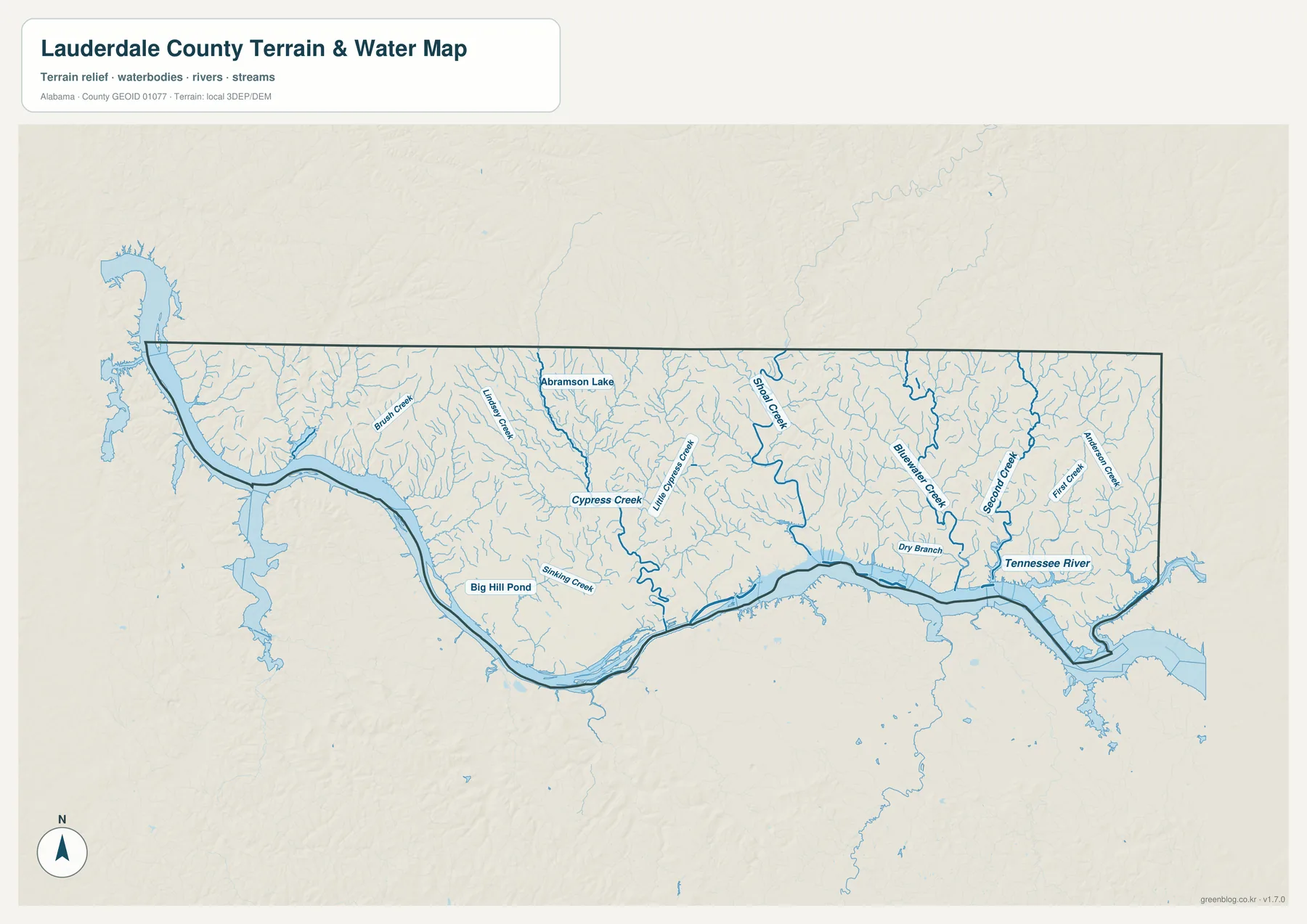 Lauderdale County 수역 지도에서 Tennessee River와 Cypress Creek, Shoal Creek, Bluewater Creek 등 하천을 표시한 지도