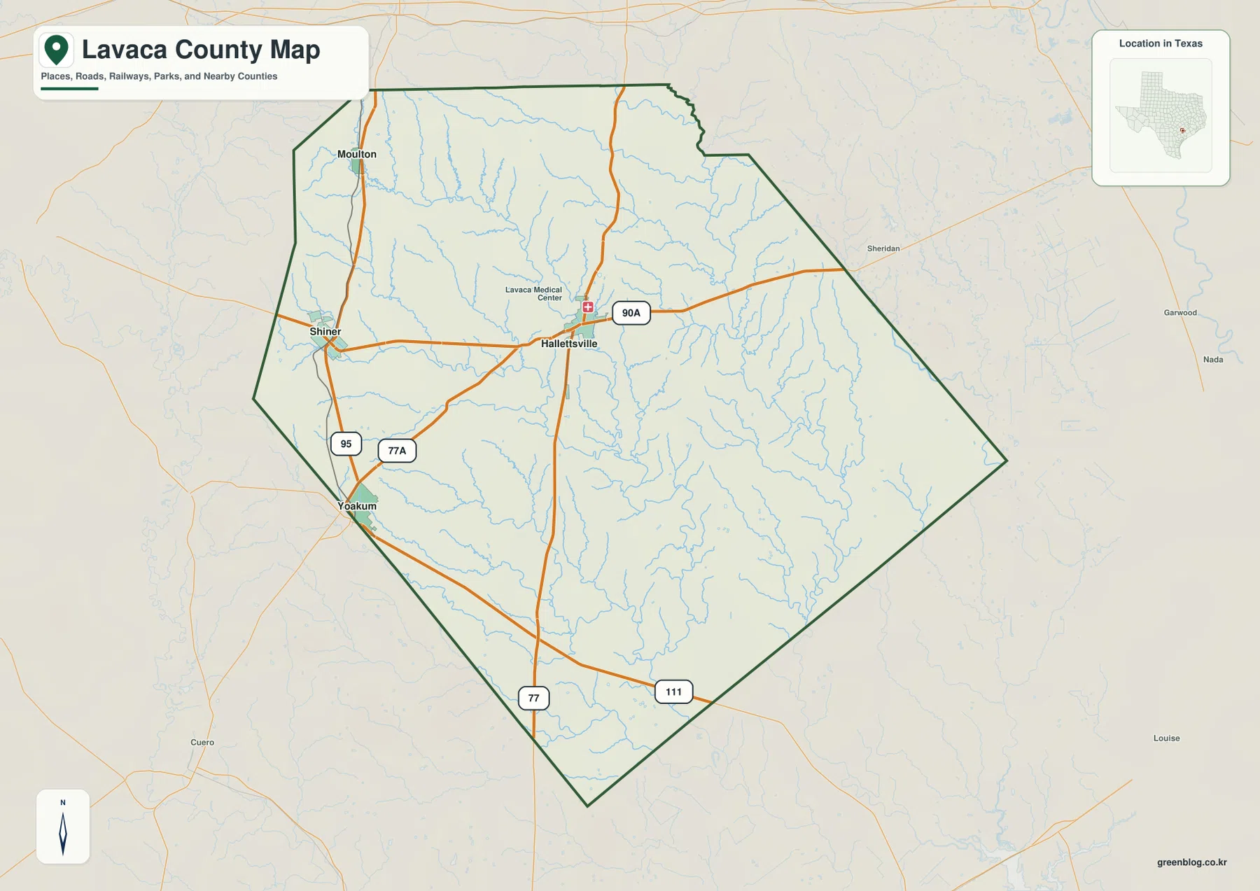 Yoakum, Hallettsville, Shiner, Moulton과 90A·95·77A·77·111번 도로가 표시된 텍사스주 라바카 카운티 지도